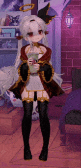 a girl with white hair and red eyes is holding a drink in her hand