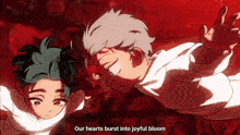 a cartoon of two children with the words our hearts burst into joyful bloom