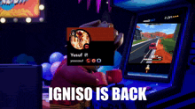 a lego man is playing a video game with the words igniso is back