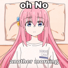 a girl with pink hair and a white shirt that says nomore gakko