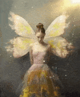 a woman in a pink dress with fairy wings looks down