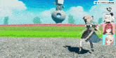 a girl in a black dress is dancing in front of a statue