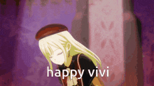 a girl with blonde hair and a red hat is standing in front of a purple wall with the words happy vivi written below her .