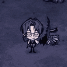 a cartoon character with glasses and a sword is standing in the dark holding a flower .