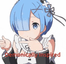 a picture of a girl with blue hair and the words demonically inspired below her