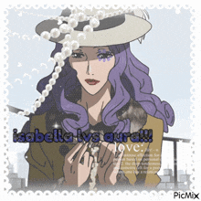 a picture of a woman with purple hair and the words isabella lys aura written on it