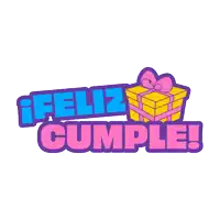 a sticker that says feliz cumple with a pink elephant holding a gift box