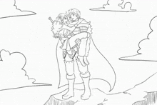 a drawing of a man carrying a woman on his shoulders .
