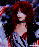 a drag queen with red hair is wearing a black and white outfit