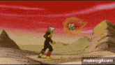 a cartoon character is standing on top of a rock in a desert .