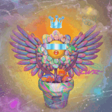 a painting of a flower with wings and a crown on top of it
