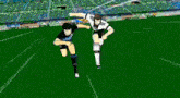 two soccer players are running on a soccer field .