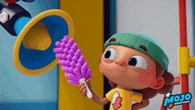 a cartoon character from mojo swooptops holding a purple object