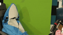 a blue and white stuffed shark is sitting in front of a green screen