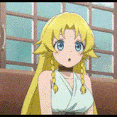 a girl with blonde hair and blue eyes is sitting in front of a window and looking surprised .