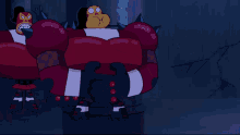 a cartoon drawing of a red monster with spikes on his arms