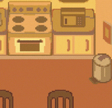 a pixel art illustration of a kitchen with a stove , microwave , cabinets and a trash can .