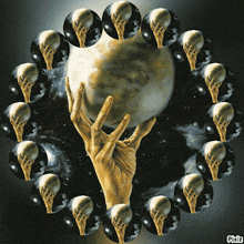 a painting of a hand holding a globe with pixiz written in the corner
