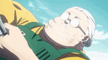a cartoon drawing of an older woman wearing glasses and a yellow shirt