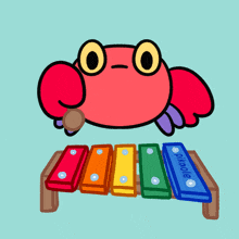 a cartoon of a crab playing xylophones with a blue box that says pikaole on it