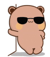 a cartoon bear wearing sunglasses is leaning against a wall and giving the middle finger 