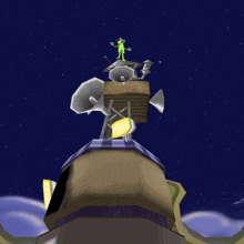 a cartoon of a green alien wearing sunglasses and gloves is standing on top of a building