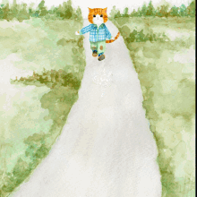 cat watercolor walking bow japan bow