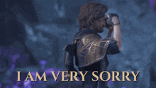 a man with a beard is standing in front of a sign that says i am very sorry