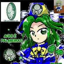 a picture of a girl with green hair and the words aqui e palmeiras on the bottom