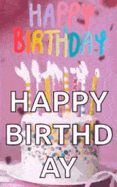a happy birthday greeting card with a birthday cake and candles on it .
