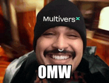 a man with a mustache wearing a beanie that says multivers on it
