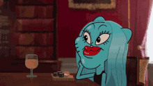 a cartoon character is sitting at a table with a glass of wine and sushi