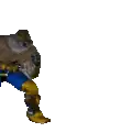 a pixel art of a man in blue pants and yellow boots .