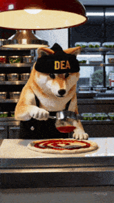 a dog wearing a hat that says dea on it