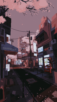 a pixel art drawing of a city street with a vanella store in the background
