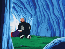 a man in a black jacket is carrying another man in a blue cave