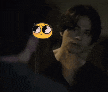 a close up of a person 's face with a smiley face behind them