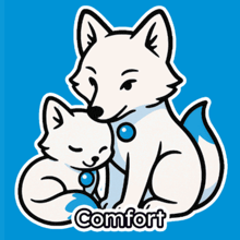 a cartoon of a fox and a kitten with the word comfort underneath