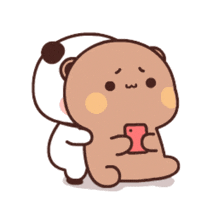 a cartoon bear is hugging another bear who is holding a cell phone