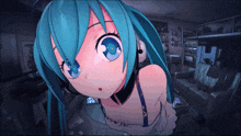a girl with blue hair is wearing headphones