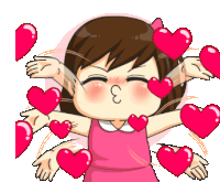 a girl in a pink dress is surrounded by pink hearts