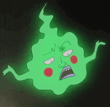 a glowing green cartoon character with a purple nose