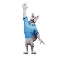 a cartoon character wearing a blue shirt is waving