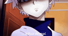 a close up of a person with the words killua de mai