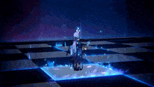 a video game character is standing on a checkered floor surrounded by blue lights