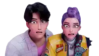 a man and a woman are looking at the camera and the man is wearing a yellow jacket that says ruffian on it
