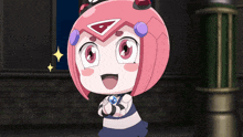 a cartoon character with a pink helmet and a white triangle on her head