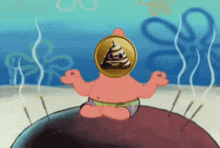 a cartoon character with a coin on his head and a poop face