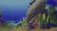 a couple of cartoon characters are standing next to each other in the water .