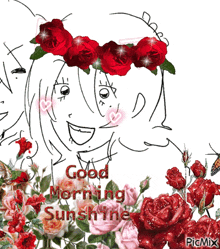 a drawing of a girl with red roses on her head with the words good morning sunshine
